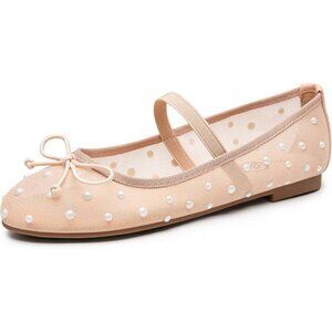 Trary Flat Shoes Women Cream Mesh Pearl Ballet Rhinestone Wide Mary Janes Shoes